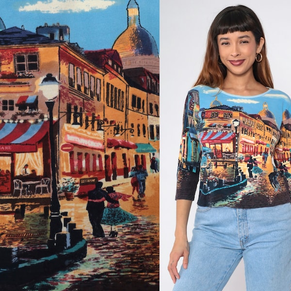 European City Shirt Y2K Sequin Beaded T-Shirt Italian Cityscape Art Graphic Tee Retro France Italy Fitted 3/4 Sleeve Vintage 00s Medium