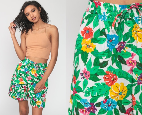 Tropical Floral Shorts 90s High Waisted Shorts Floral Summer Shorts Surfer Bright Green Shorts Retro 1990s Vintage Small s