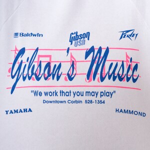 Gibson's Music Sweatshirt 90s Corbin, Kentucky Music Store Graphic Shirt Gibson USA Yamaha White Raglan Sleeve Vintage 1990s Hanes Small S image 6