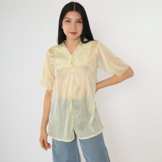 Vintage Sheer Pajama Shirt 80s Yellow Floral Embroidered Quilted Yoke Lingerie Top Button Up Sleep Shirt 1980s Short Sleeve Small Medium