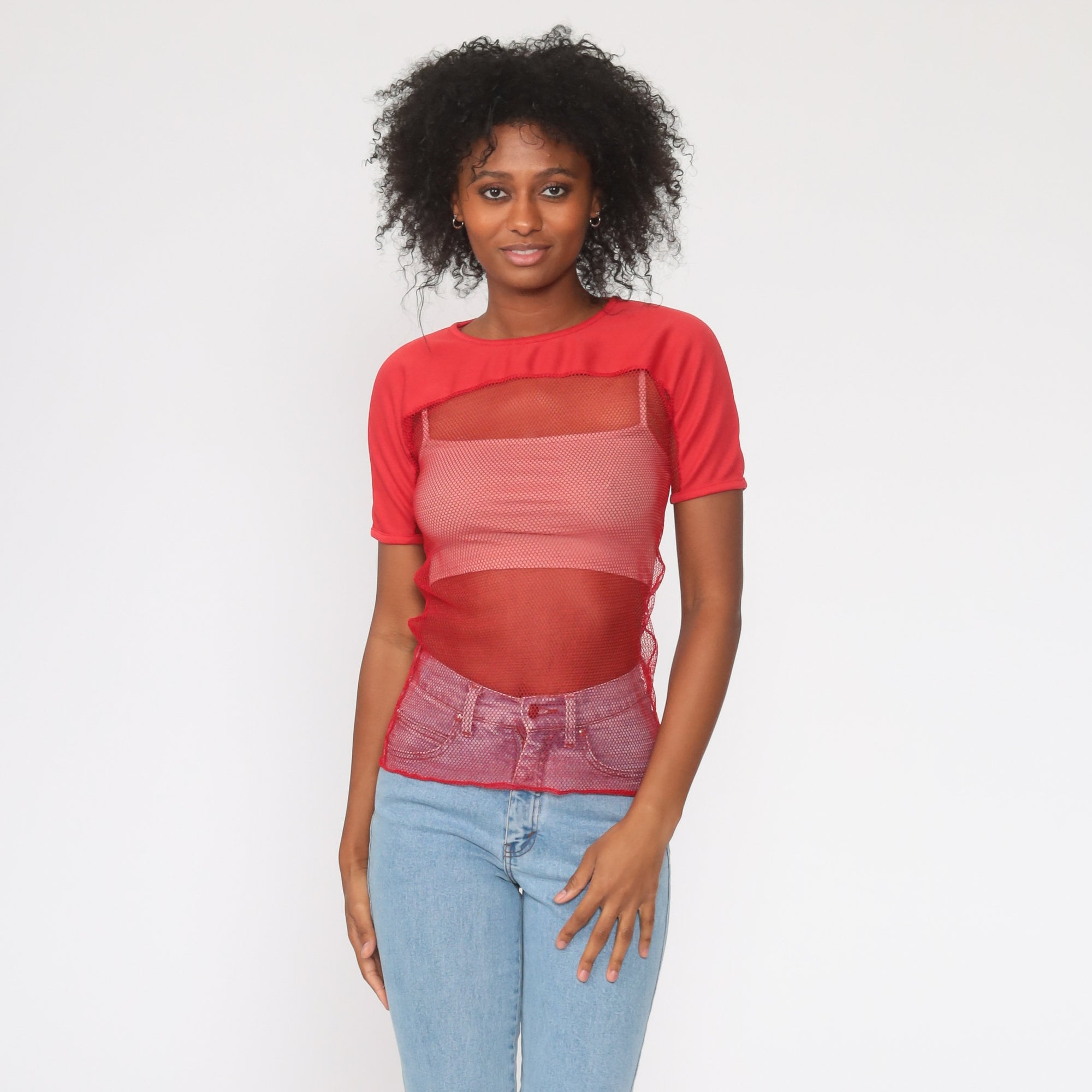 Red Mesh Shirt SHEER Shirt 80s Retro Shirt Short Sleeve Top Etsy