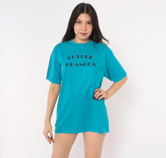 90s Future Grandpa Graphic Tee Teal Blue Cotton Short Sleeve T Shirt Black Letter Funny Gift Unisex Grandfather Top Vintage Large L