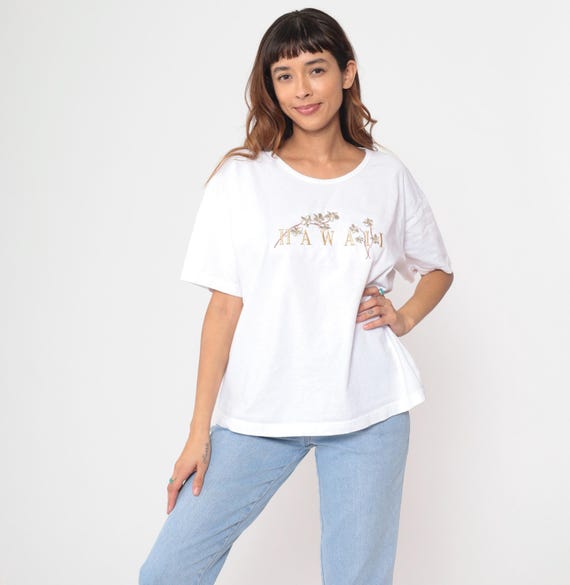 Vintage 90s Hawaii T Shirt White Floral Embroidery Cotton Tee Oversized Fit 1990s Destination Souvenir Top Vacation Tourist Extra Large XL