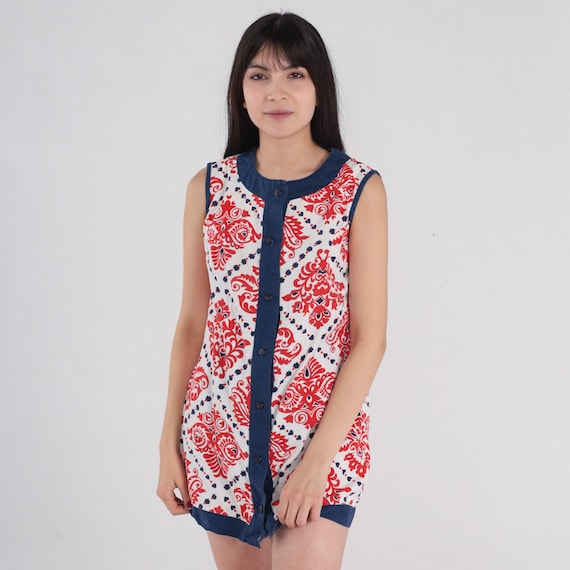 Mod Tunic Top 70s Sleeveless Blouse Button Up Tank Top White Blue Ringer Red Tile Print Retro Shirt Micro Mini Dress Vintage 1970s Small S