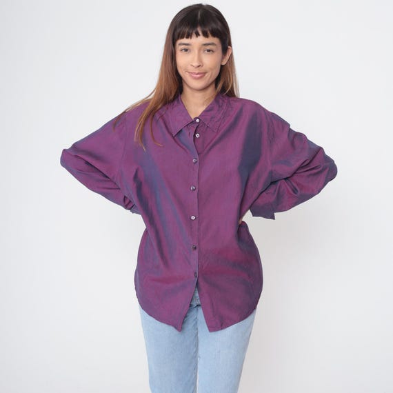 Purple Silk Shirt 90s Iridescent Pinstripe Shimmer Vintage Button Down Silky Blouse Minimalist Elegant Office Ready Long Sleeve Size 26 L