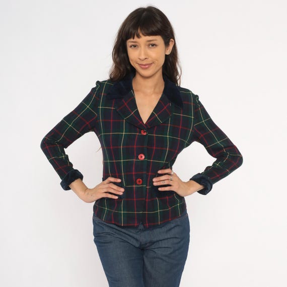 Plaid Blazer 90s Tartan Jacket Velvet Collar Navy Green Red Fitted Waist Preppy Academic Grunge Gothic Alt Holiday Christmas Women Small S