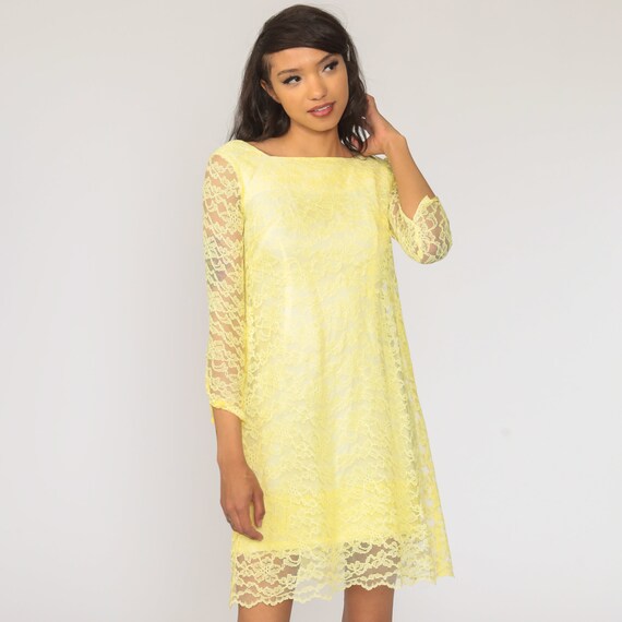 Mod Lace Dress 60s Mini Yellow Party Cocktail 1960s Boho Hippie Wedding Vintage Shift Bow Back Sheer Train Long Sleeve Extra Small xs