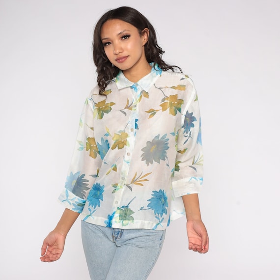 Sheer Floral Blouse Y2K White Button Up Top Boho Retro Feminine Bohemian Long Sleeve Romantic Party Chic Vintage 00s Extra Large xl
