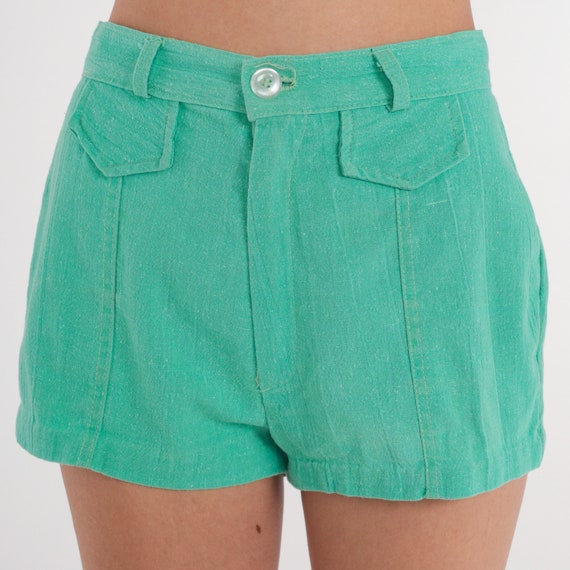 70s Shorts Green High Waisted Shorts Retro Trouser Shorts Plain Shorts Pinup Summer Hotpants Festival Cotton Hippie Vintage 1970s Small S 27