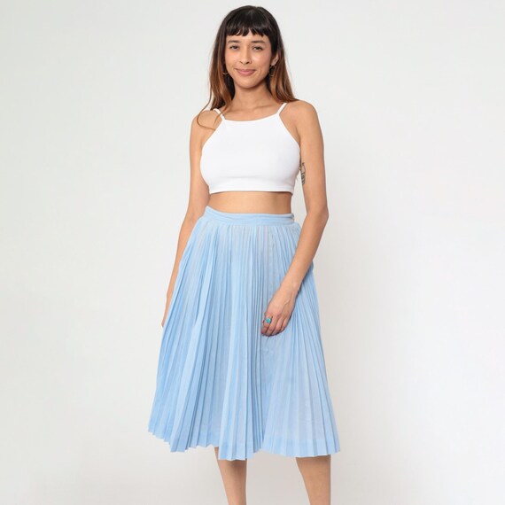 60s Light Blue Pleated Skirt Vintage Semi-Sheer Midi 1960s High Waisted Full Skirt Retro Pastel Circle Skirt Medium 8