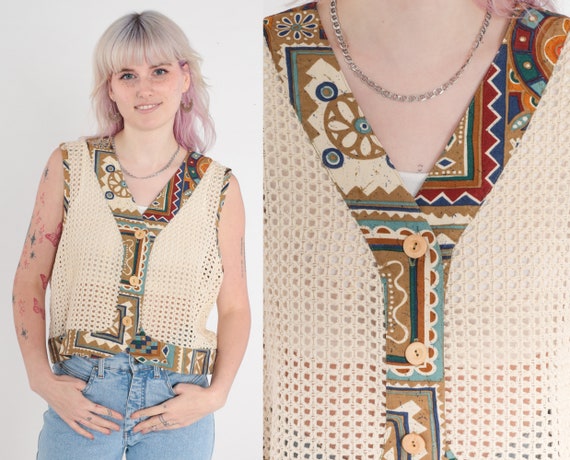 Cream Crochet Top 90s Geometric SHEER Tank Top Festival Boho Blouse Mesh Open Weave Crop Top 1990s Hippie Cutwork Bohemian Knit Vest Large L
