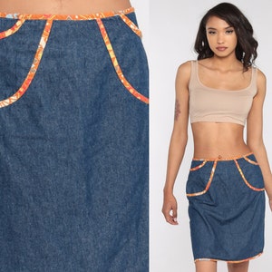 Denim Mini Skirt Jean Skirt 90s Floral Trim Boho Hippie Skirt High Waisted Boho Retro Vintage Medium 8