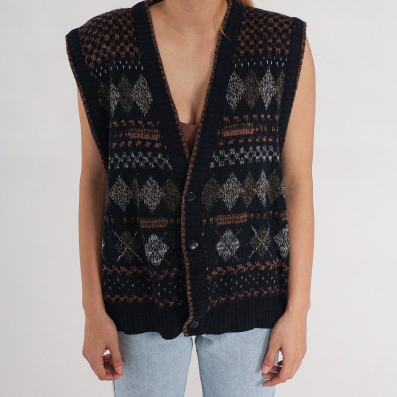 Argyle Sweater Vest Top 90s Black Knit Checkered Sleeveless Sweater V Neck Tank Button Up 1990s Retro Vintage Large L image 7