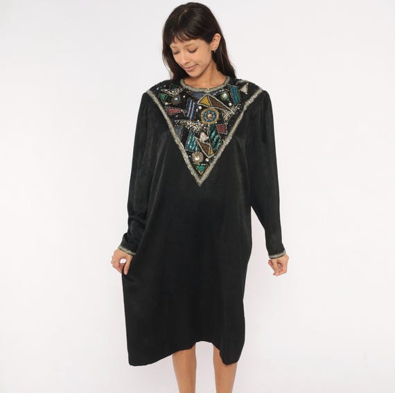 Beaded Bib Silk Dress 90s Black Sequin Embellished Geometric Jeweled Neckline Evening Cocktail Party Art Deco Style D'Ore Vintage Large L