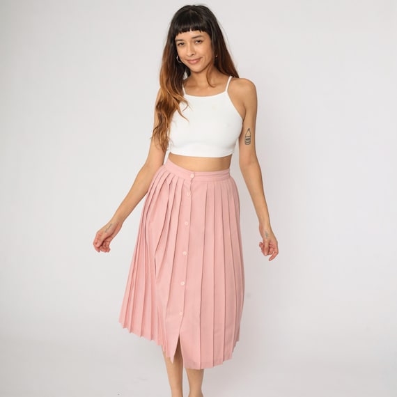 Vintage Pink Pleated Skirt 80s Button up Midi Skirt Retro Preppy Secretary Skirt High Waisted Modest Basic Plain Simple 1980s Small