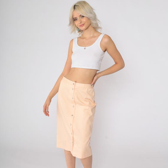 Peach Midi Skirt 80s Snap Up Pencil Skirt Star Studded Retro Summer High Waisted Plain Preppy Knee Length Vintage 1980s Medium
