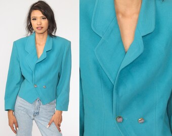 Turquoise Wool Blazer Jacket 80s Jacket Tailored Vintage 1980s Collared Plain Basic Office Jacket Vintage Professor Retro Medium