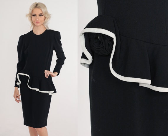 Black Peplum Dress 80s Party Dress White Asymmetrical Ruffle Peplum Long Puff Sleeve Pencil Dress Formal Cocktail Vintage 1980s Small