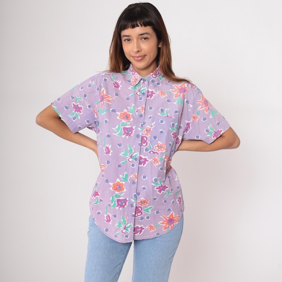 90s Purple Floral Shirt Button Front Cotton Short Sleeve Dot Print Pattern Vintage Lavender Blouse Casual Preppy Summer Feminine Top Medium