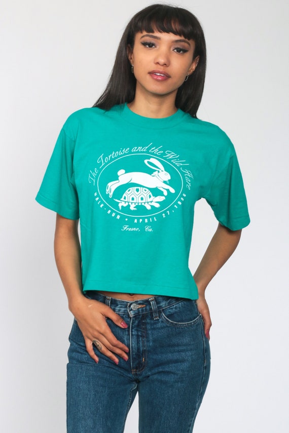 Tortoise and the Hare Shirt 1996 Fresno Walk Run Tshirt California Crop Top Green 90s Graphic Tee Running Shirt Vintage Small xs