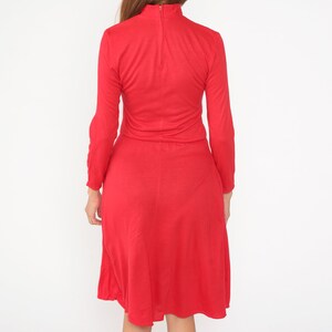 Red Acrylic Dress 70s 80s Mock Neck Midi Dress Long Sleeve Dress Pocket Low Waist Secretary Long Sleeve 1980s Vintage Plain Medium Large image 7