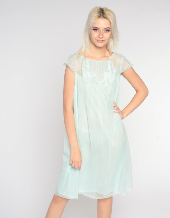 Mint Nightgown Lingerie Filmy Chiffon Nylon Slip Dress 70s Babydoll Pinup Night Gown Mini Nightie Tent Trapeze 1970s Vintage Gaymode Large