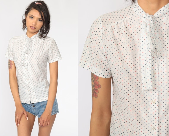 ASCOT Blouse 70s Shirt White Polka Dot Shirt 80s … - image 1