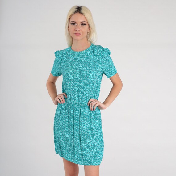 Floral Mini Dress Blue Mini 80s 90s Ditsy Calico Print Dress 1990s Boho Vintage Minidress Short Puff Sleeve 1990s Rayon Small S