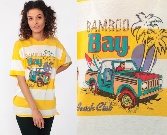 90s Surfer Shirt Bamboo Bay Retro T Shirt Striped Surf Tshirt 80s Vintage Graphic Tee California Yellow Small