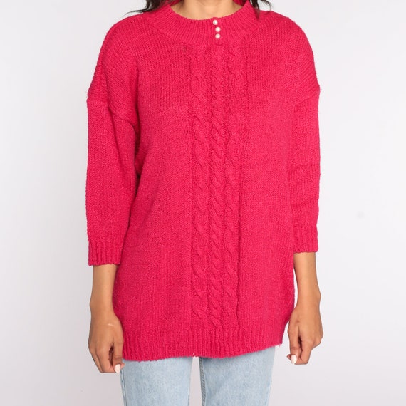 Hot Pink Cable Knit Sweater 80s Slouchy Knit Boho… - image 5