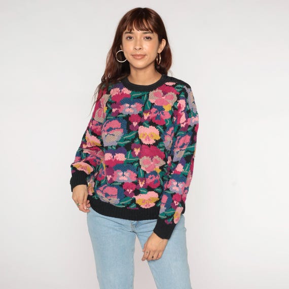 Vintage Floral Tapestry Sweater 80s Ramie Cotton Knit Pansy Pattern Pink Purple Blue Print 1980s Hand Knit Pullover Medium