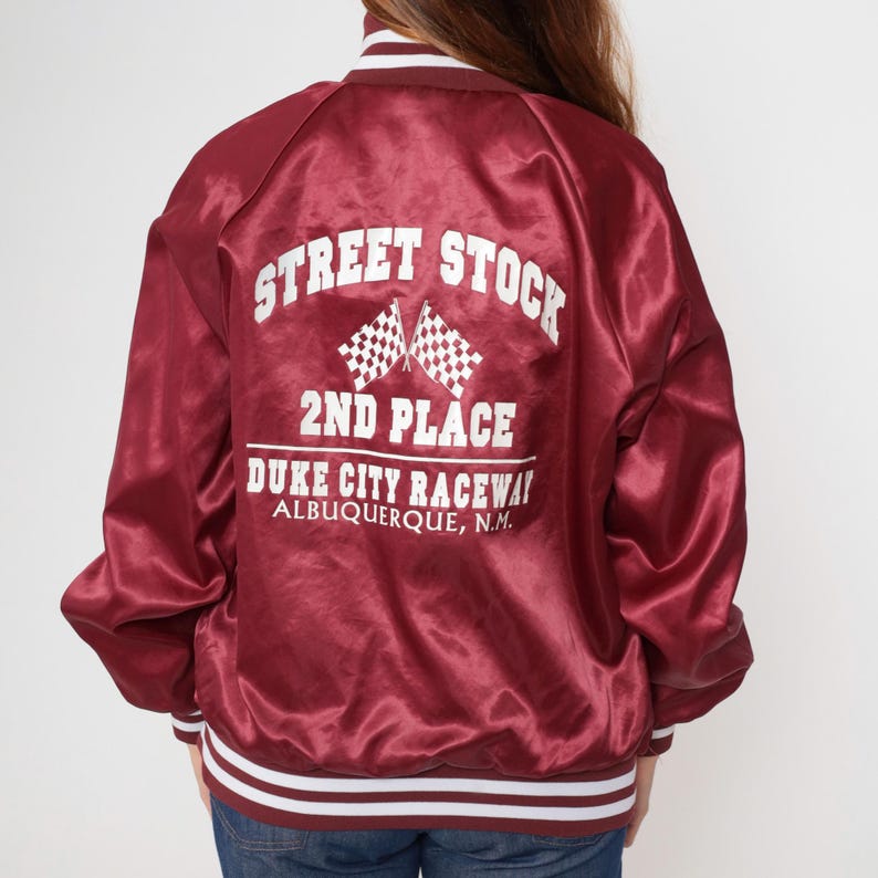 Vintage 90s Racing Jacket Maroon Satin Bomber Duke City Raceway Street ...