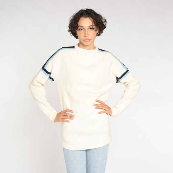 Cream Wool Sweater 80s Pullover Knit Sweater Blue Striped Raglan Sleeve Retro Crewneck Basic Meister Plain Knitwear Vintage 1980s Mens Small