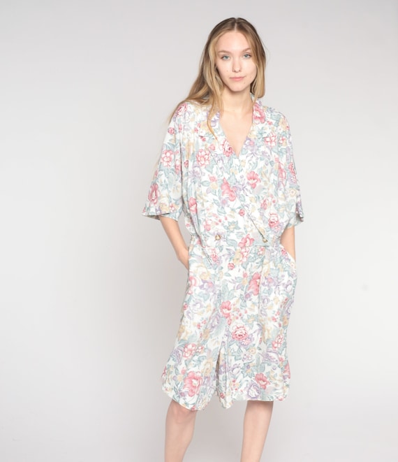 Floral Romper Dress 80s Pastel Wide Leg Knee Length Jumpsuit High Waisted Short Sleeve Collar Pocket Playsuit Vintage 1980s Extra Large xl