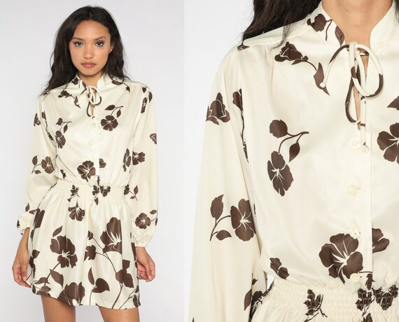 70s Blouson Dress Floral Mini Dress Cream Brown Flower Print Boho Smocked Waist Peasant Dress Vintage Long Sleeve Button Up Small Medium