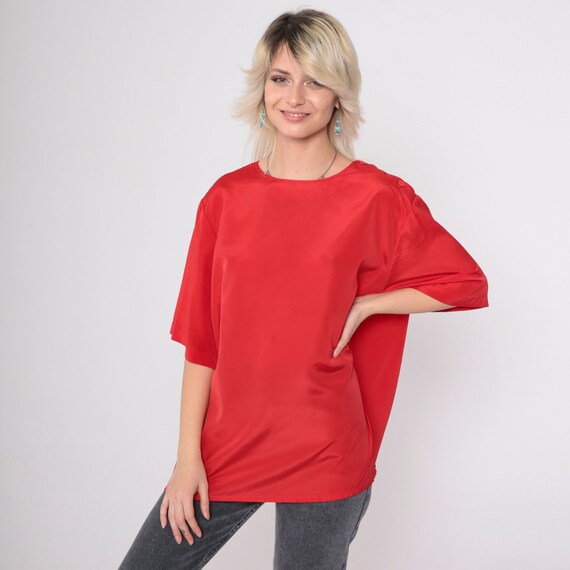 Red Silky Blouse 90s Plain Shirt Short Sleeve Top 1990s Simple Basic Vintage Button Shoulder Pullover Shirt Plus Size 24W 3x xxl