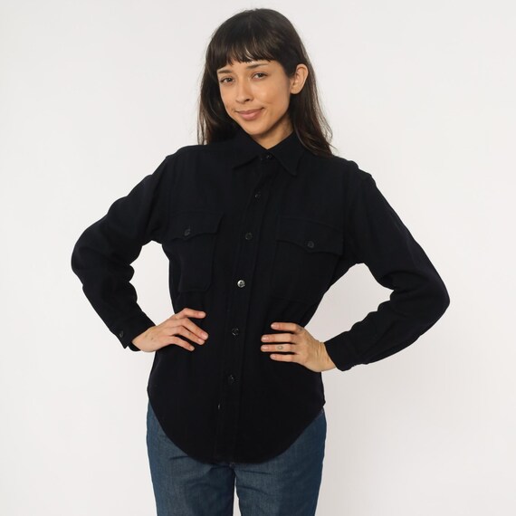 70s CPO Shirt Dark Blue Button Front Long Sleeve Vintage Blouse Academia Minimalist Work Office Professional Hiking Outdoors Woodsy Large L