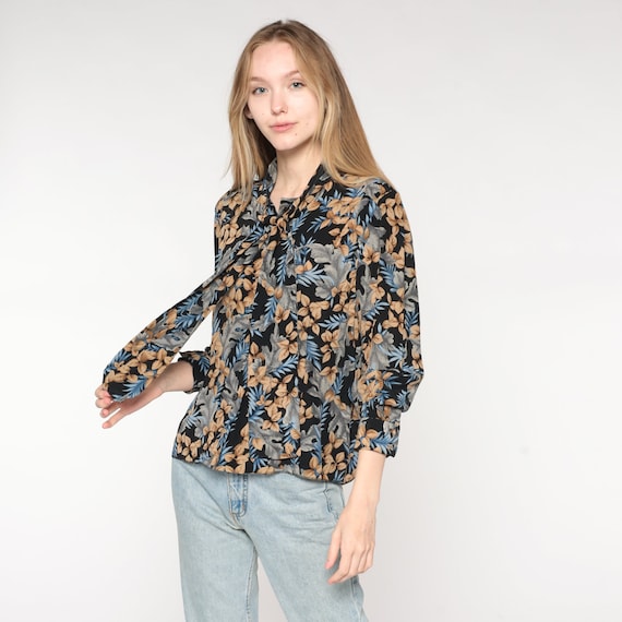 Vintage 90s Ascot Shirt Black Blue Leaf Print Secretary Blouse Long Sleeve Top 80s Bow Neck Ascot Top Button Up Medium