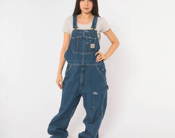 Y2K Carhartt Overalls Blue Denim Bib Cotton Dungarees Baggy Workwear Utility Carpenter Pants Distressed Jean Work Bibs Unisex Vintage Medium