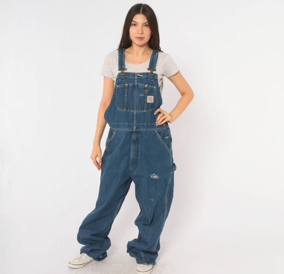 Y2K Carhartt Overalls Blue Denim Bib Cotton Dungarees Baggy Workwear Utility Carpenter Pants Distressed Jean Work Bibs Unisex Vintage Medium