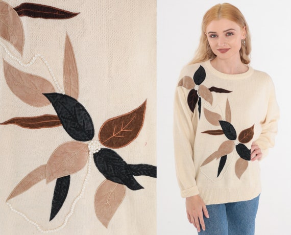 Beaded Floral Sweater 80s Cream Knit Pullover Sweater Embroidered Flower Patch Pearl Beading Jumper Brown Black Acrylic Vintage 1980s Medium