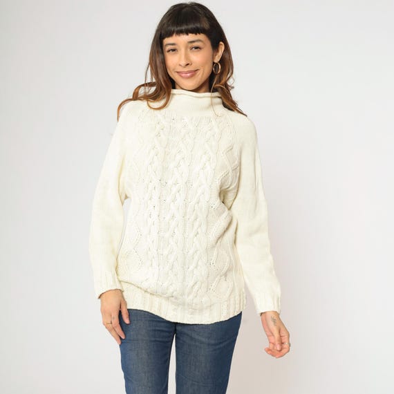 Cream Cable Knit Sweater 90s Funnel Neck Slouchy Knit Boho Pullover Cableknit 1990s Jumper Cozy Vintage Cotton Ramie Knit Oversized Small
