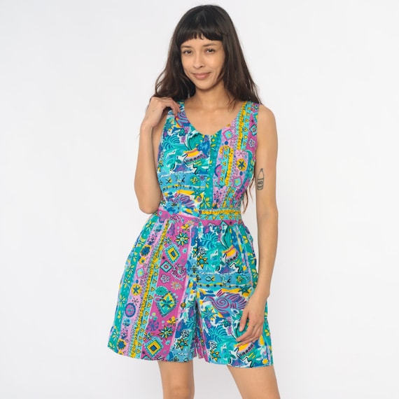 Colorful Cotton Romper 90s Geometric Floral Peace Sign Print Sleeveless Playsuit Turquoise Pink Yellow Summer Festival Vintage Medium M