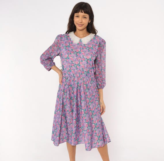 80s Lace Collar Floral Dress Purple Pink Teal Garden Puff Sleeve Midi Prairie Cottagecore Feminine Violet Flower Spring Vintage Large L