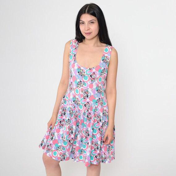 Vintage 90s Minnie Mouse Tank Dress Bright Circle Print Disney Sleeveless Skater Style Scoop Neck 1990s Summer Dress Small Medium