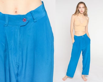 Blue Silk Pants 90s Wide Leg Pleated Trousers High Waisted Retro Boho Baggy Summer Slacks Hippie Bohemian Loose Flowy Vintage 1990s Small S