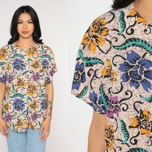 Batik Floral Button Up Shirt 90s Blouse Boho Short Sleeve Top Grunge Tan Blue Yellow Flower Print Vintage Bohemian Vintage 1990s Large L 12