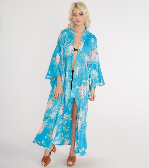 Long Floral Kimono 90s Blue Robe Open Front Maxi Jacket Japanese Full Length House Coat Flower Print Vintage 1990s Medium Extra Large M L XL