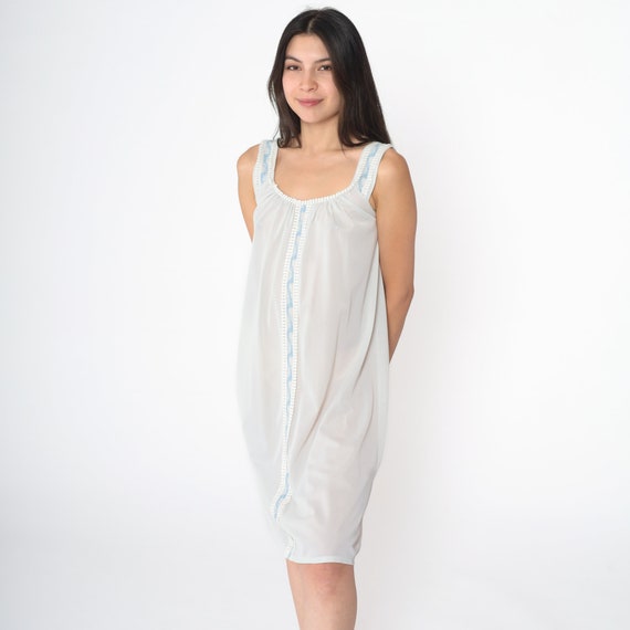 Baby Blue Nightgown 70s Lingerie Slip Dress Mini Nightie Lace Embroidered Semi-Sheer Sleeveless Sleep Lounge Filmy Nylon 1970s Vintage Small