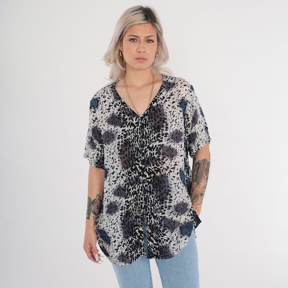 Vintage Leopard Button Up Shirt 90s Animal Print Blouse V Neck Top Short Sleeve Shirt 1990s Retro Statement Shirt Rayon Plus Size 3x xxl